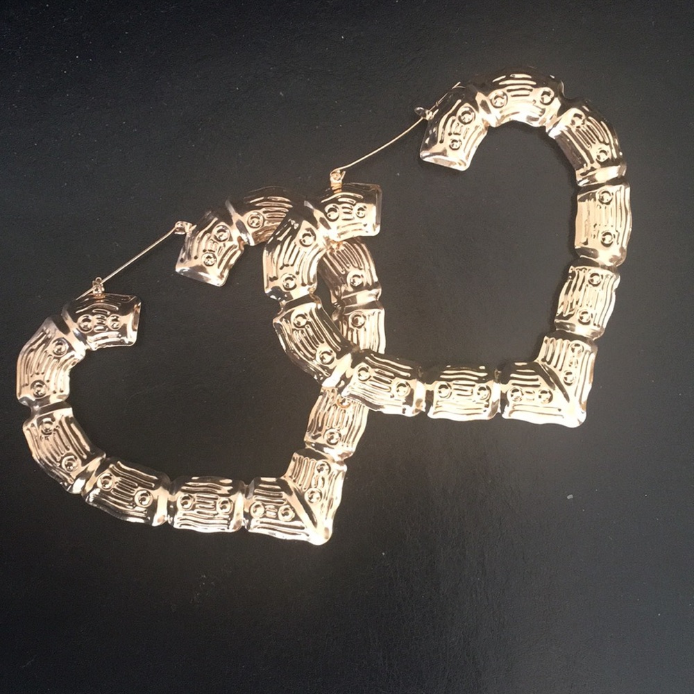 HUGE, 3 1/2 inch, bamboo, gold, heart earrings!!!!